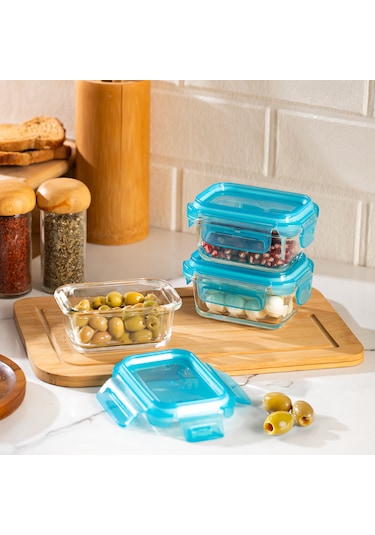 Porsima 4376 3lü Kilitli Sızdırmaz Kapaklı Yiyecek Erzak Saklama Kabı Seti - Cam Saklama Kabı - 150ml Mavi Mavi