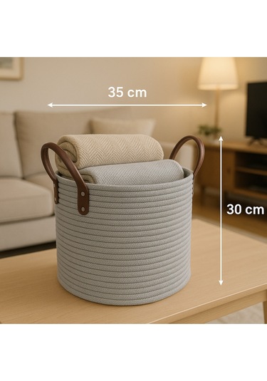 Maisoné Deri Saplı Hasır Görünümlü Jüt Sepet Battaniye Sepeti Oyuncak Sepeti Gri