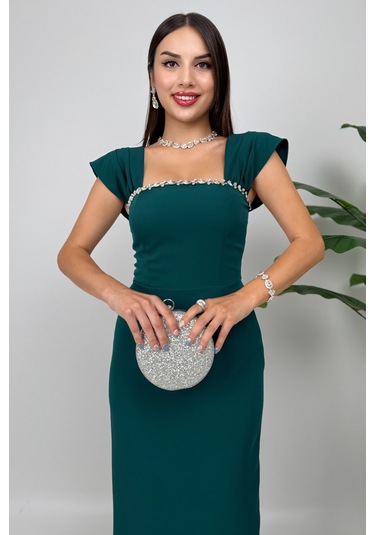 Valentia Madonna Yaka Taş İşlemeli Kalem Zümrüt Yeşili Abiye Elbise, Zarif Davet Elbisesi Zümrüt Yeşili