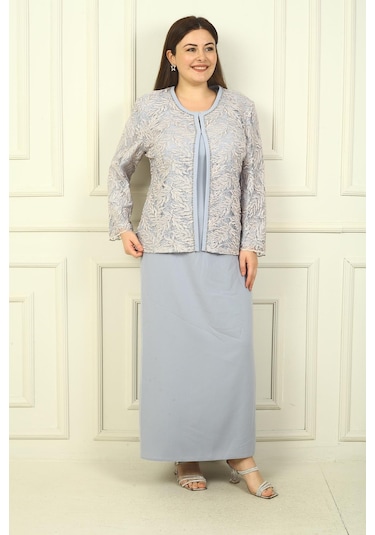 Yakası Boncuk Nakışlı Uzun Elbise Boncuk Pul Nakışlı Ceket Astarlı Büyük Beden 2'li Takım-38925 Gri Yakası Boncuk Nakışlı Uzun Elbise Boncuk Pul Nakışlı Ceket Astarlı Büyük Beden 2'li Takım-38925 Gri