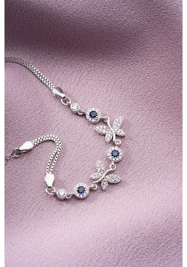 Nereze 925 Ayar Gümüş Çift Kelebek Mavi Taş Detaylı Bileklik