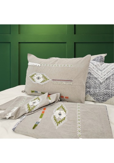 Yatak Örtüsü Seti & Nakışlı Nevresim Takımı Bej 9 Parça Bej