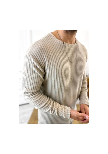 Uzun Kollu Tişört Fitilli Bisiklet Yaka Yumuşak Dokulu Tüylenmez Pamuklu Kazak Sweatshirt Krem