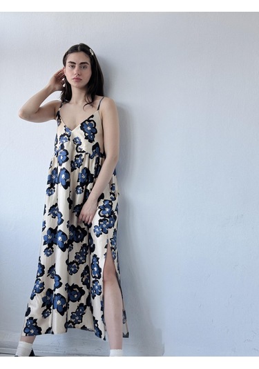 Retrobird Tasarım June Saten Yüzeyli Askılı Yırtmaçlı Elbise Kadın Krem-13780 KREm