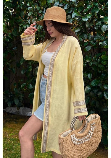 Kadın Sarı Müslin Kumaş, Hasır Şerit Detaylı Salaş Kimono Ceket Sarı