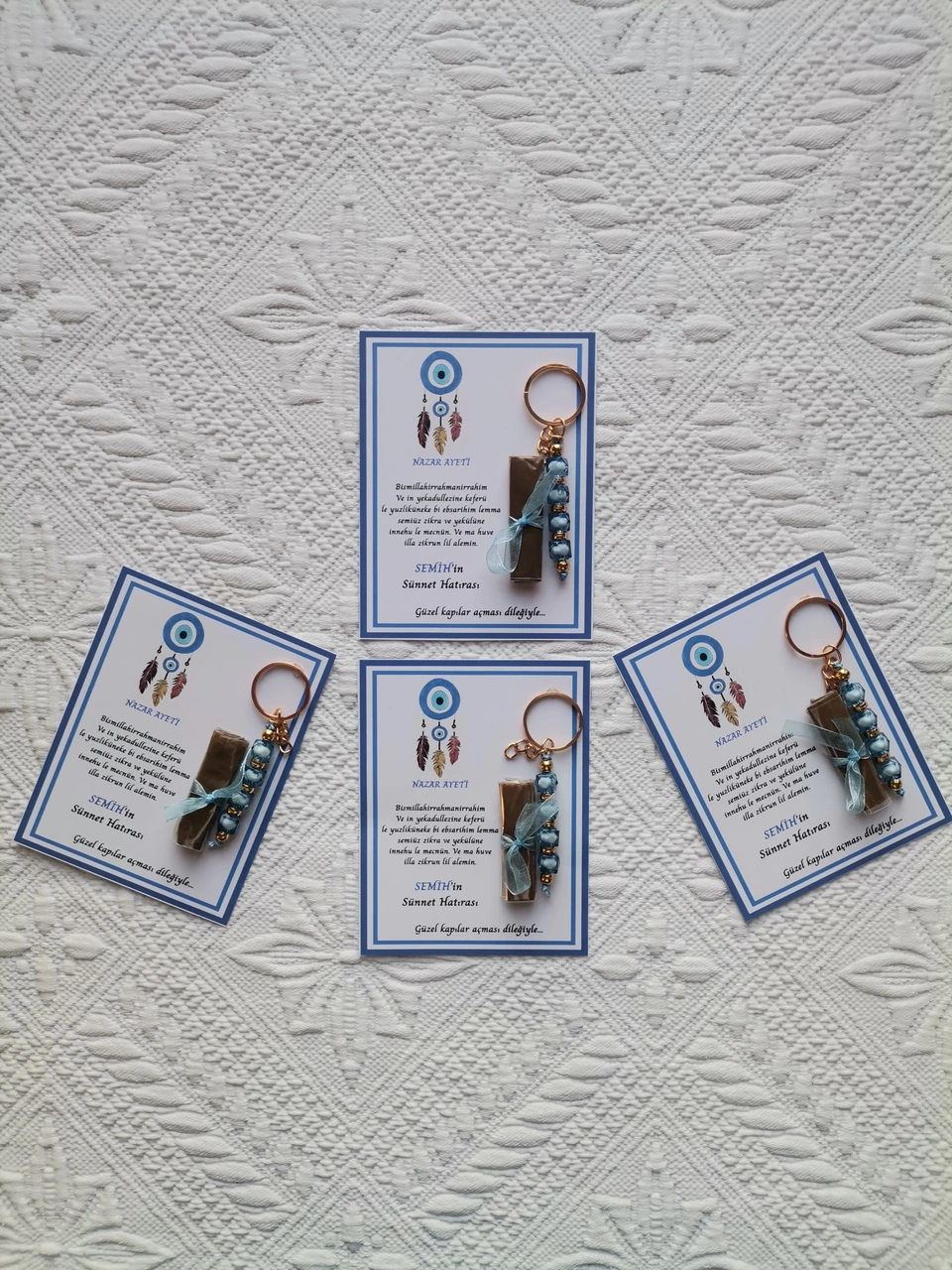 100 Adet Kişiye Özel Nazar Ayeti Sünnet Hatırası Dağıtmalık Hediyelik Mavi Renk Anahtarlık Ve Kına