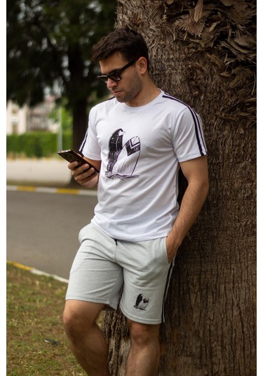 Erkek Gri Beyaz Alt Üst Takım Pamuklu Rahat Yumuşak Dokulu Şort Takım 23eest0171 001