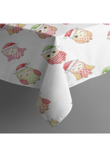 Noel Desenli Dikdörtgen Masa Örtüsü 60x84 İnç, Su Geçirmez Ve Leke Tutmaz Noel Baykuş Baba Noel