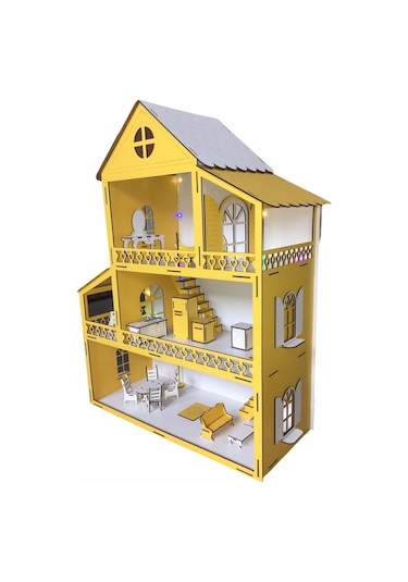 Ahşap Oyun Evi 80Cm 21 Eşya Sarı Led Işıklı