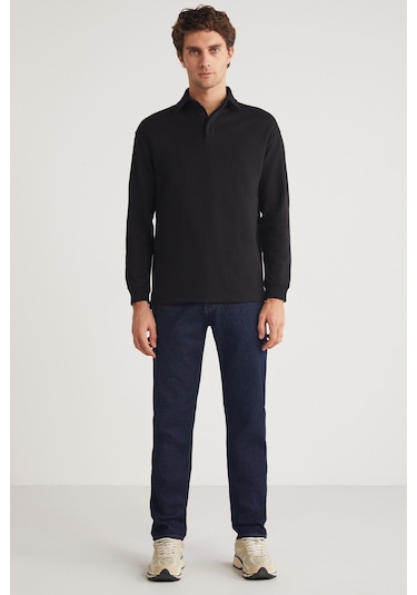 JOHN  Erkek Polo Sweat Gömlek Yakalı Arkası Uzun Yırtmaçlı Diagonel Kumaşlı Siyah Sweatshirt