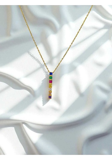 Renkli Taşlı Bar Model 925 Ayar Gümüş Kolye Modern Ve Canlı Tasarım Gümüş