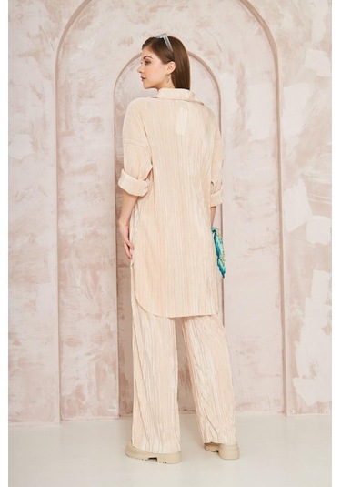 Kadın Pliseli Beli Lastikli Pantolon Tunik Gömlek Ikili Bürümcük Salaş Takım 3573300 Bej