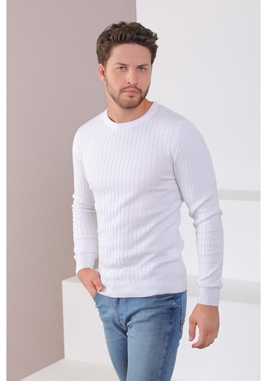 Ferraro Beyaz Bisiklet Yaka Fitilli Erkek Kazak Beyaz