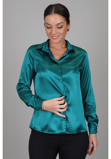 Sweetness Kadın Zümrüt Yeşili Saten Gömlek Yeşil