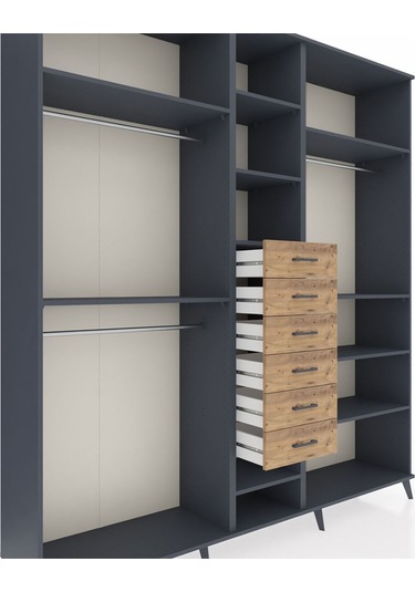 Hyperion Dolap 10 Raflı 6 Çekmeceli 3 Askılı 220x44x243 Antrasit-antrasit/çam Antrasıt/atlas Çam
