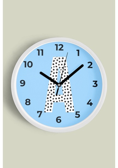 A Harfi Erkek Odası Duvar Saati - 30cm - Önü Camlı Beyaz Kasa - Sessiz Mekanizma Beyaz