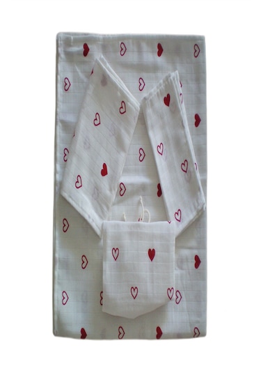 More Home Bebek Müslin Bez Battaniye Set 5 Parça Kalpli Beyaz Kırmızı Beyaz - Kırmızı