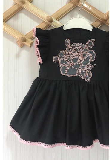 Gül Aplike Ve Dantel Detaylı Kız Çocuk Bebek Siyah Pamuklu Elbise 001