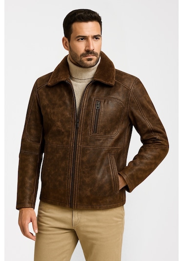 Derije Carlos Hakiki Deri Erkek Vintage Seyar Kürk Yaka Mont Kahverengi