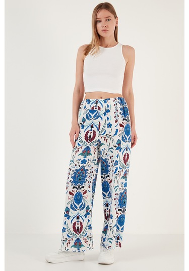 Lela Desenli Beli Lastikli Bol Paça Rahat Kesim Bayan Pantolon 5865217 Beyaz-Saks