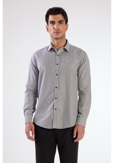 Siyah Çizgili Desen Uzun Kol Regular Fit Erkek Gömlek Siyah