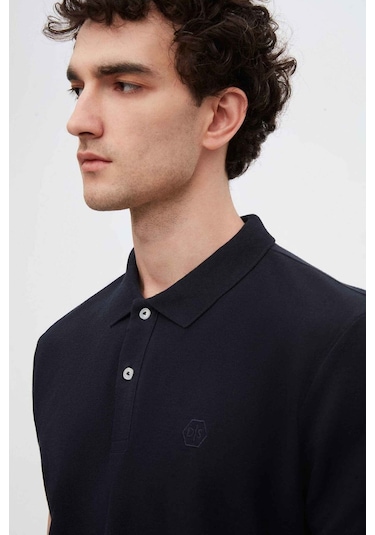 D's Damat Ds Damat Regular Fit Lacivert Pike Dokulu %100 Pamuk Kıvrılmaz Polo Yaka Nakışlı T-shirt 4HC14ORT51000 Lacivert