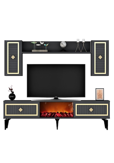 Nil Şömineli Tv Ünitesi Antrasit-altın