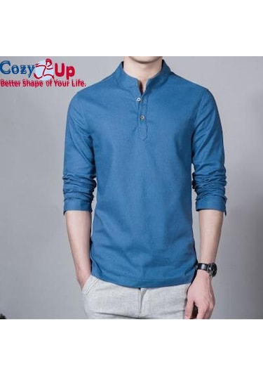 Rahat Up Polo Gömlek Erkekler Moda Uzun Kollu Mandarin Yaka Gömlek Erkek Rahat Keten Gömlek Adam Artı Beyaz Mavi