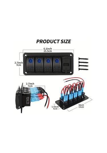Xuweiwei 4 Gang Rocker Anahtar Paneli Blue 4.8 Amper Cift Usb Sarj Volmetre 12v 24v Dc Gece Parlayan Sticker