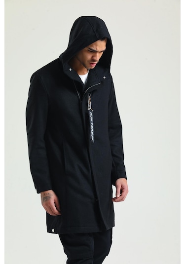 Erkek Regular Fit Kapüşonlu Fermuarlı Cepli Kışlık Astarsız Yünlü Uzun Kaşe Kaban 001