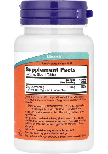 Now Foods Zinc Çinko Demir 50 Mg, 100 Tablet