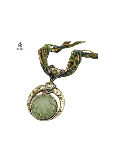 El Dokuması Bohem Pirinç Boncuklu Retro Etnik Tarzda Yuvarlak Değerli Taş Kolye Yeşil