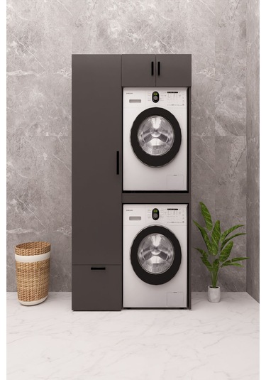 Mdf Çamaşır Makinesi Ve Kurutma Makinesi Dolabı Ütü Masalı Antrasit