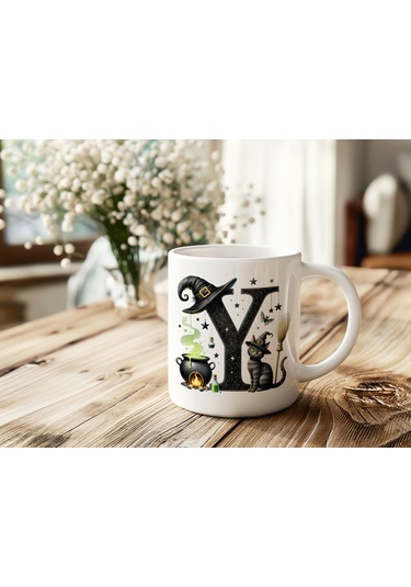 Y Harfli Halloween Kedili Figür Kupa Bardak - Şapkalı Ve Kazanlı İsme Özel Kupa - Hediye 07 Beyaz
