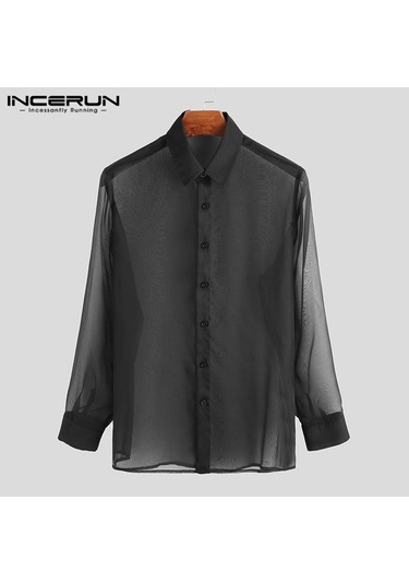 İncerun Yaz Erkek Uzun Kollu Gömlek İnce Düğme Clubwear Parti Siyah Üstler Siyah