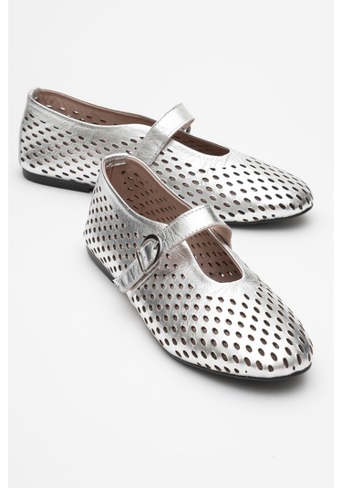 Arian Gümüş Hakiki Deri Delikli Kadın Babet Ayakkabı Gümüş