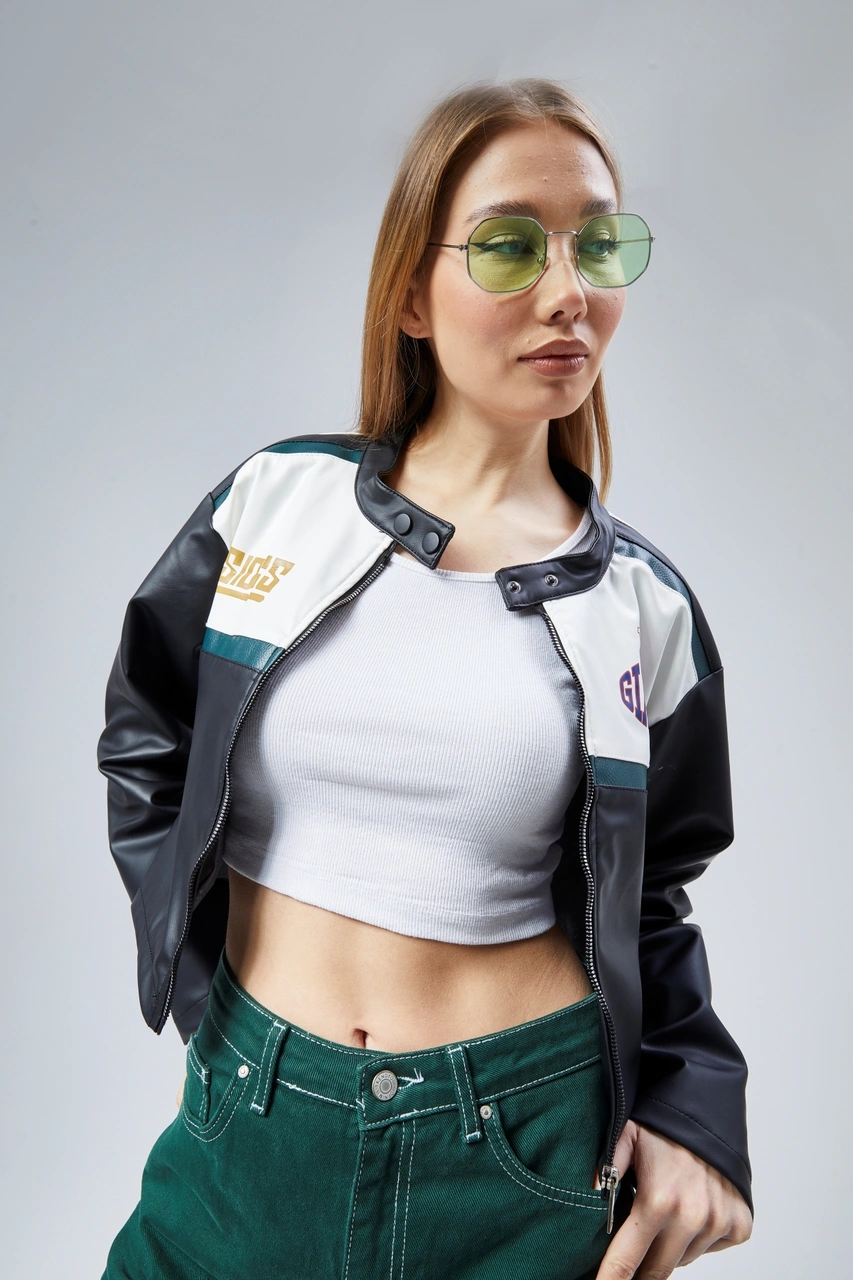 Kadın Oversize Baskılı Deri Şeritli Motorcu Montu Kısa Fermuarlı Yarışçı Ceketi Bomber Kolej Mont Yeşil