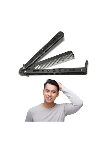Buffer Siyah Katlanabilir Paslanmaz Çelik Kelebek Bıçak Tarak Sakal Bıyık Fırçası Profesyonel Saç Kesimi İçin Tarak