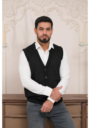 Woolen World Regular Fit Ön Cepli Desenli Kolsuz Erkek Triko Yelek Siyah