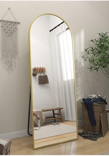 Zer 160x55 Kemerli Zemin Aynası,tam Boy Aynalı Duvar Aynası, Yatak Odası, Giyinme Odası İçin Standlı Gold