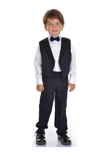 Saten Yaka Kuşaklı Yelekli Erkek Çocuk Takım Lacivert