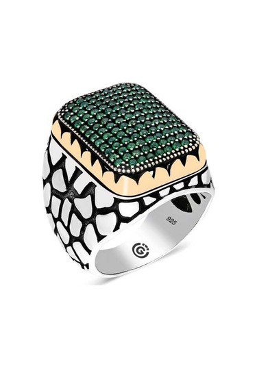 Gumush 546176995  Gümüş Yeşil Zirkon Taşlı Kare Erkek Yüzük