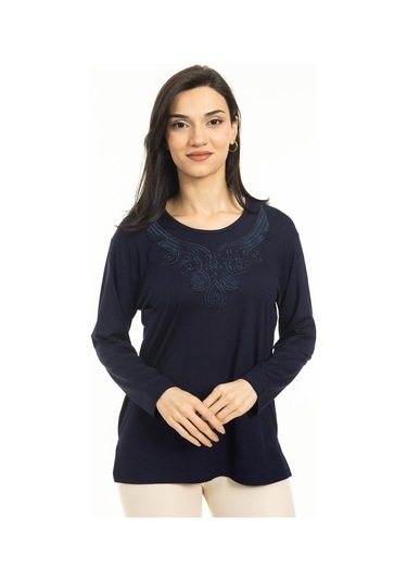 Kadın Orta Yaş Ve Üzeri Yeni Model Yuvarlak Yaka Likralı Anne Penye Bluz 30550-lacivert