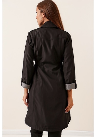 Bel Bağlamalı Pötü Kare Kol Katlamalı Astarlı Trençkot Siyah