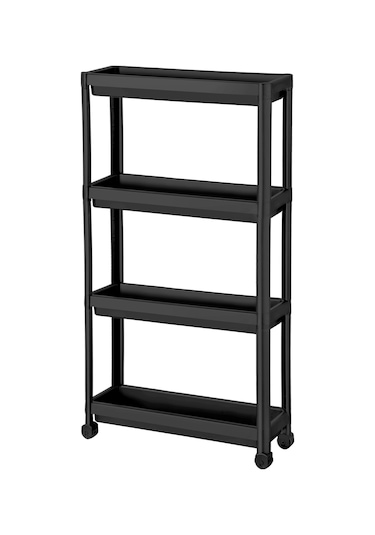 Bayev Siyah Tekerlekli Dikdörtgen 4 Katlı Raf Ünitesi Banyo Mutfak Düzenleyici Organizer Raf Siyah