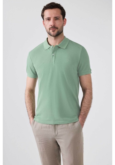 Ds Damat Regular Fit Açık Yeşil Pike Dokulu %100 Pamuk Kıvrılmaz Polo Yaka Nakışlı T-shirt 4HC14ORT51000 Yeşil