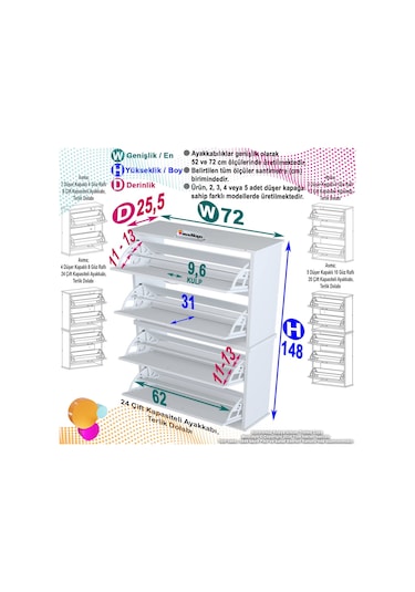 Modilayn Umay' 2 Li Asma Antre Hol 72 X 148x 25, 5 Cm Lik 4 Düşer Kapak 8 Raf Bölmeli Ayakkabılık Beyaz - Cordoba