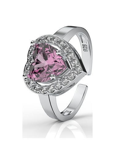 925 Ayar Pembe Taşlı Rodyum Pırlanta Işıltılı Kalp Ayarlanabilir Gümüş Yüzük Gümüş
