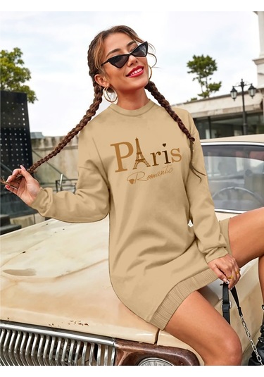 Stilaura Kadın Uzun Kollu Bisiklet Yaka Yazılı Kısa Viskon Iki Iplik Elbise Kahverengi