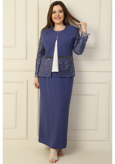 İçi Yarım Ay Kol Bluz Pul Nakışişlemeboncuk Detaylı Ceket Etek Astarlı Büyük Beden 3'lü Takım İndigo İçi Yarım Ay Kol Bluz Pul Nakışişlemeboncuk Detaylı Ceket Etek Astarlı Büyük Beden 3'lü Takım İndigo